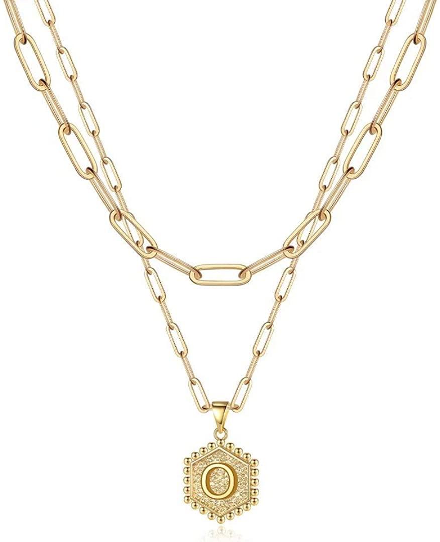 14K Gold Plated Paperclip Chain Necklace Simple Cute Hexagon Letter Pendant Initial Choker Necklace - Decotree.co Online Shop