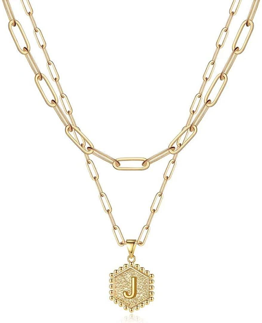 14K Gold Plated Paperclip Chain Necklace Simple Cute Hexagon Letter Pendant Initial Choker Necklace - Decotree.co Online Shop