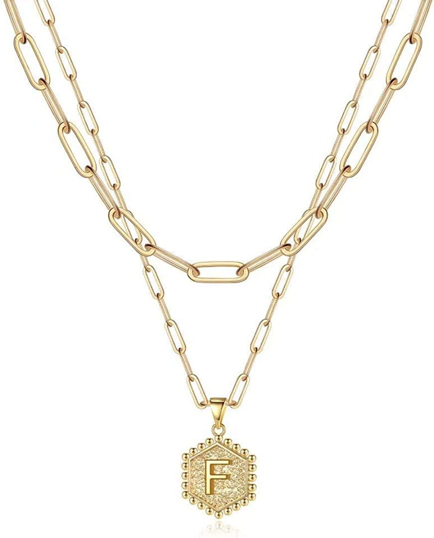 14K Gold Plated Paperclip Chain Necklace Simple Cute Hexagon Letter Pendant Initial Choker Necklace - Decotree.co Online Shop