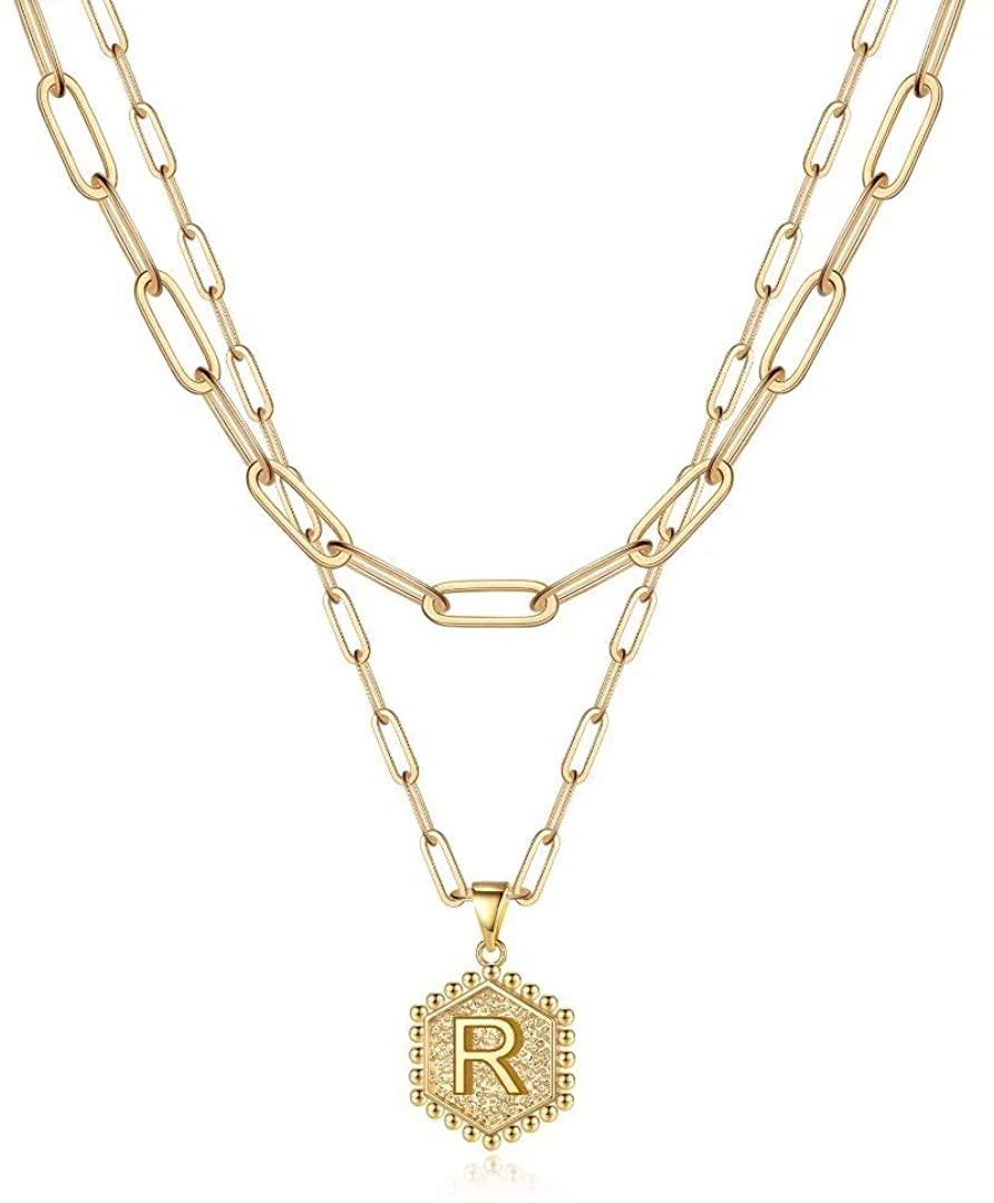 14K Gold Plated Paperclip Chain Necklace Simple Cute Hexagon Letter Pendant Initial Choker Necklace - Decotree.co Online Shop