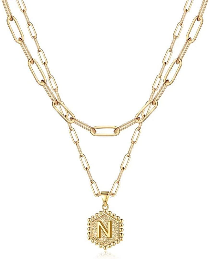 14K Gold Plated Paperclip Chain Necklace Simple Cute Hexagon Letter Pendant Initial Choker Necklace - Decotree.co Online Shop
