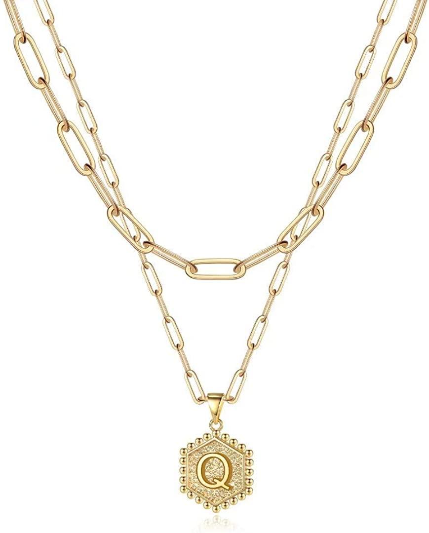 14K Gold Plated Paperclip Chain Necklace Simple Cute Hexagon Letter Pendant Initial Choker Necklace - Decotree.co Online Shop
