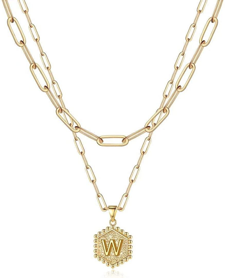 14K Gold Plated Paperclip Chain Necklace Simple Cute Hexagon Letter Pendant Initial Choker Necklace - Decotree.co Online Shop