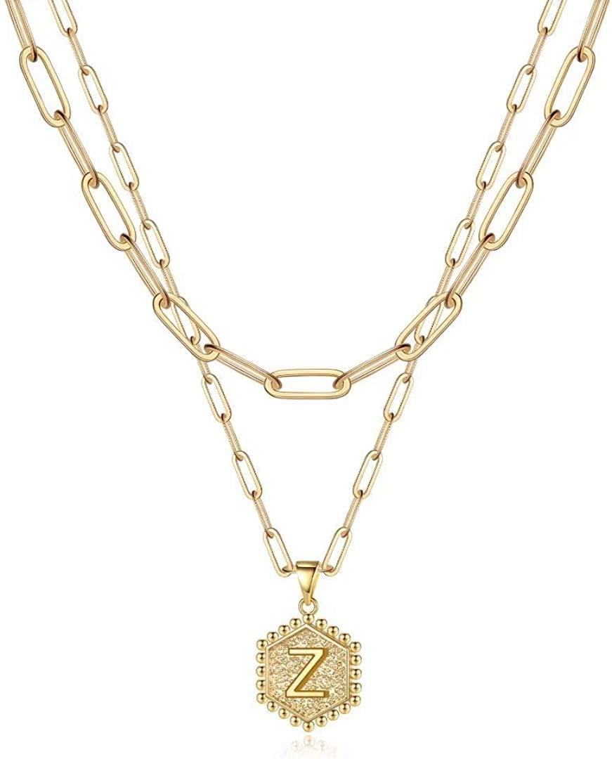14K Gold Plated Paperclip Chain Necklace Simple Cute Hexagon Letter Pendant Initial Choker Necklace - Decotree.co Online Shop