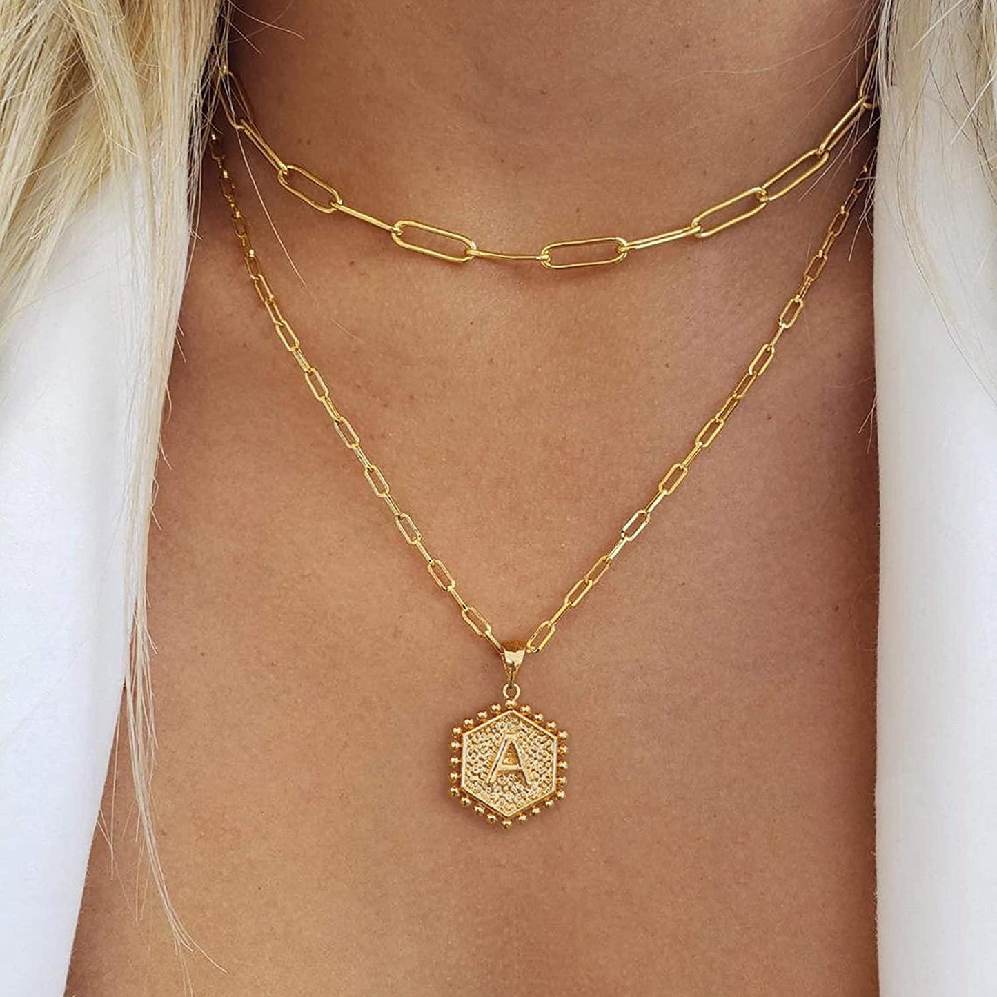 14K Gold Plated Paperclip Chain Necklace Simple Cute Hexagon Letter Pendant Initial Choker Necklace - Decotree.co Online Shop