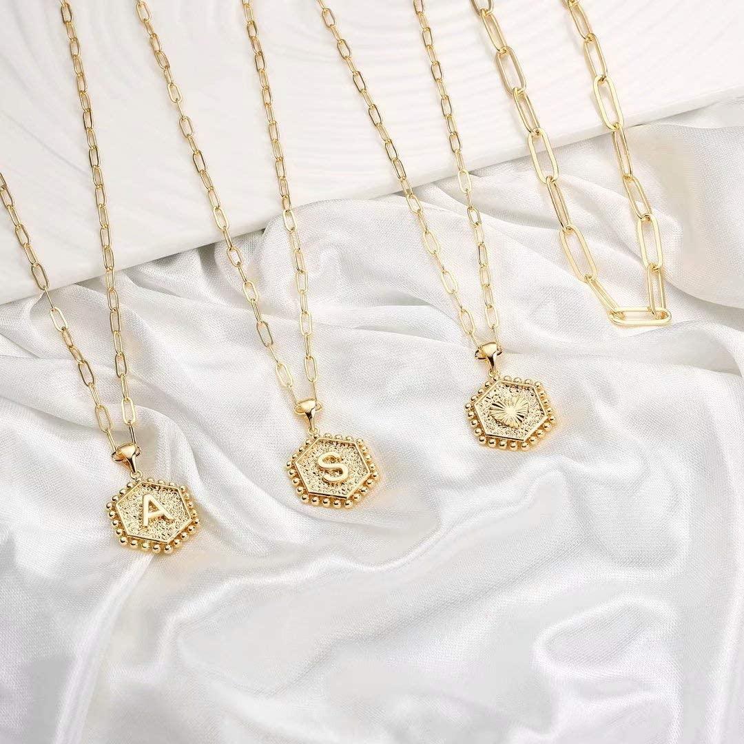 14K Gold Plated Paperclip Chain Necklace Simple Cute Hexagon Letter Pendant Initial Choker Necklace - Decotree.co Online Shop