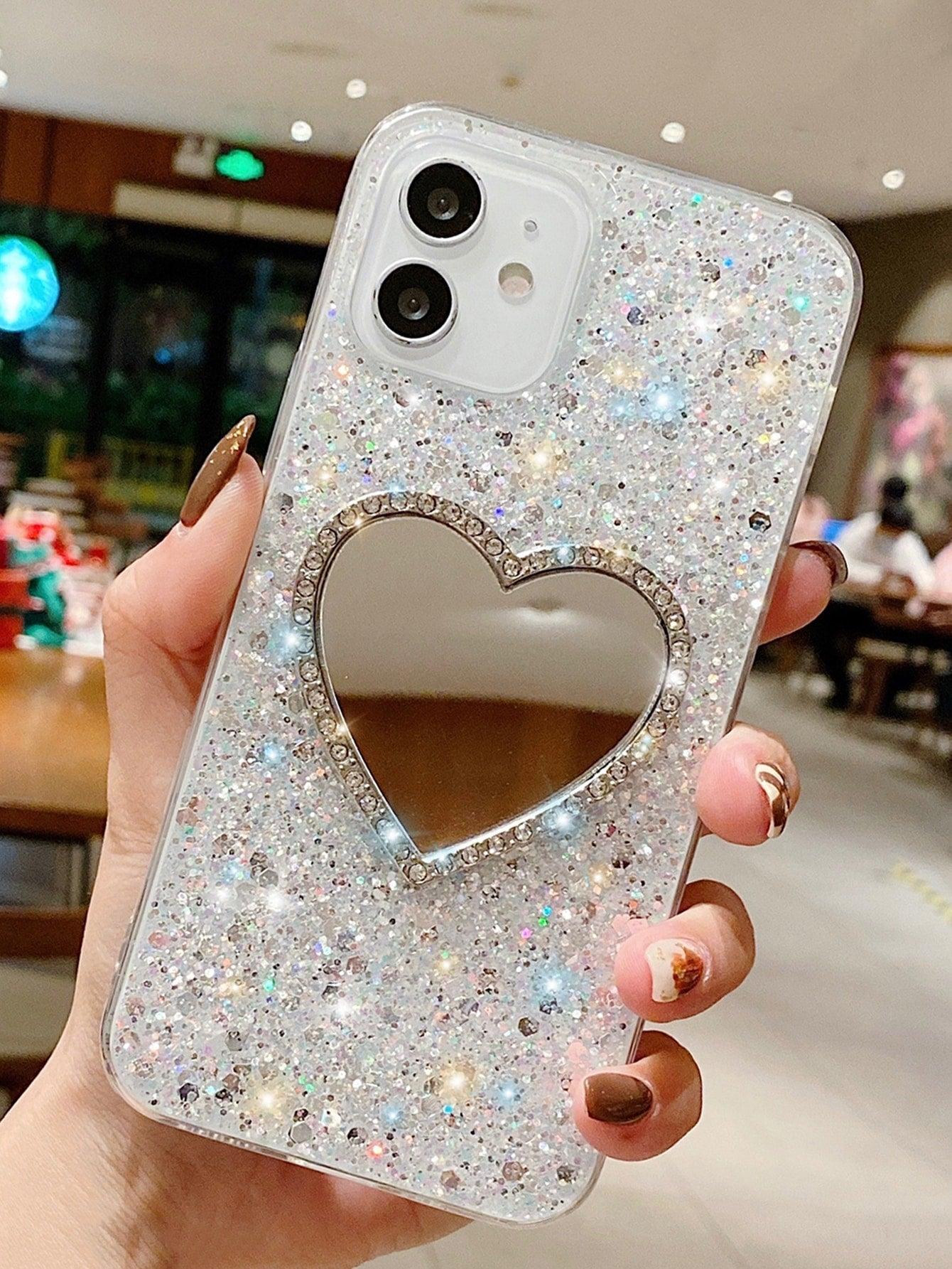 Rhinestone Decor Heart Shaped Mirror Glitter Phone Case - Decotree.co Online Shop