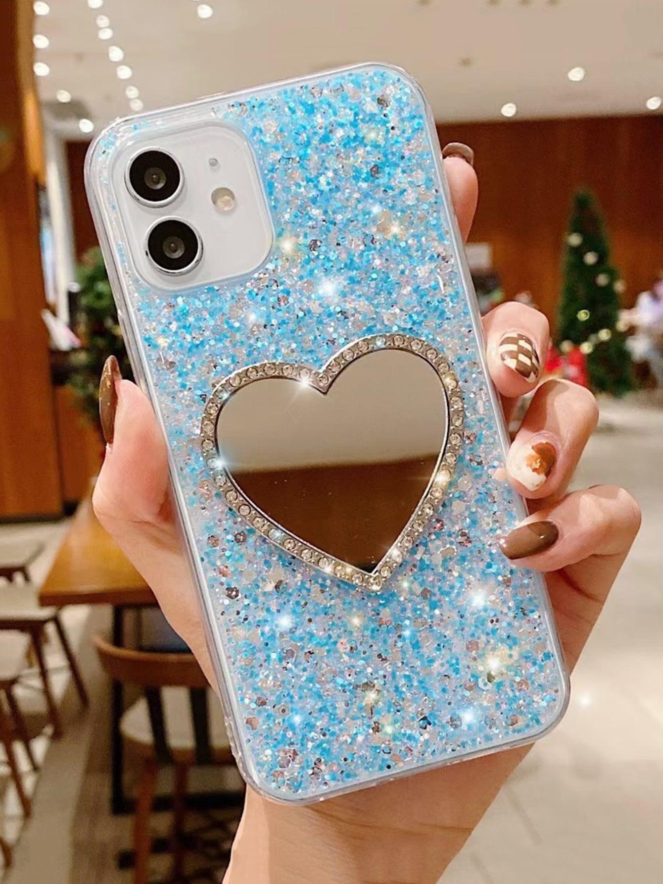 Rhinestone Decor Heart Shaped Mirror Glitter Phone Case - Decotree.co Online Shop