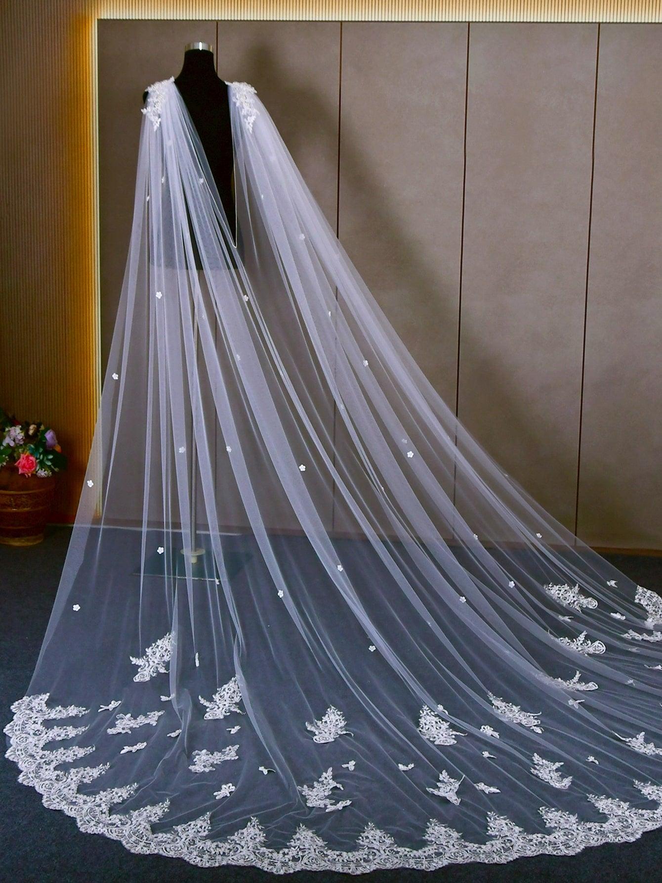 1pc Women Floral Embroidered Faux Pearl Decor Elegant Bridal Veil For Wedding Party - Decotree.co Online Shop