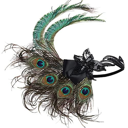 1920s Flapper Peacock Feather Headband 20s Sequined Showgirl Headpiece - Decotree.co Online Shop