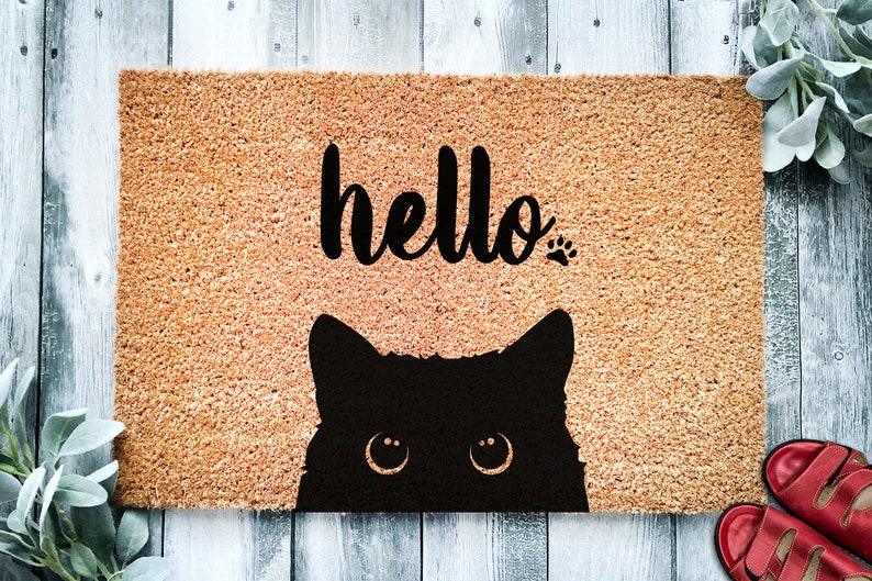 Black Cat Bombay Hello | Cute Cat Peeking Doormat | Welcome Mat | Funny Door Mat | Funny Gift | Home Doormat | Housewarming | Closing Gift - Decotree.co Online Shop