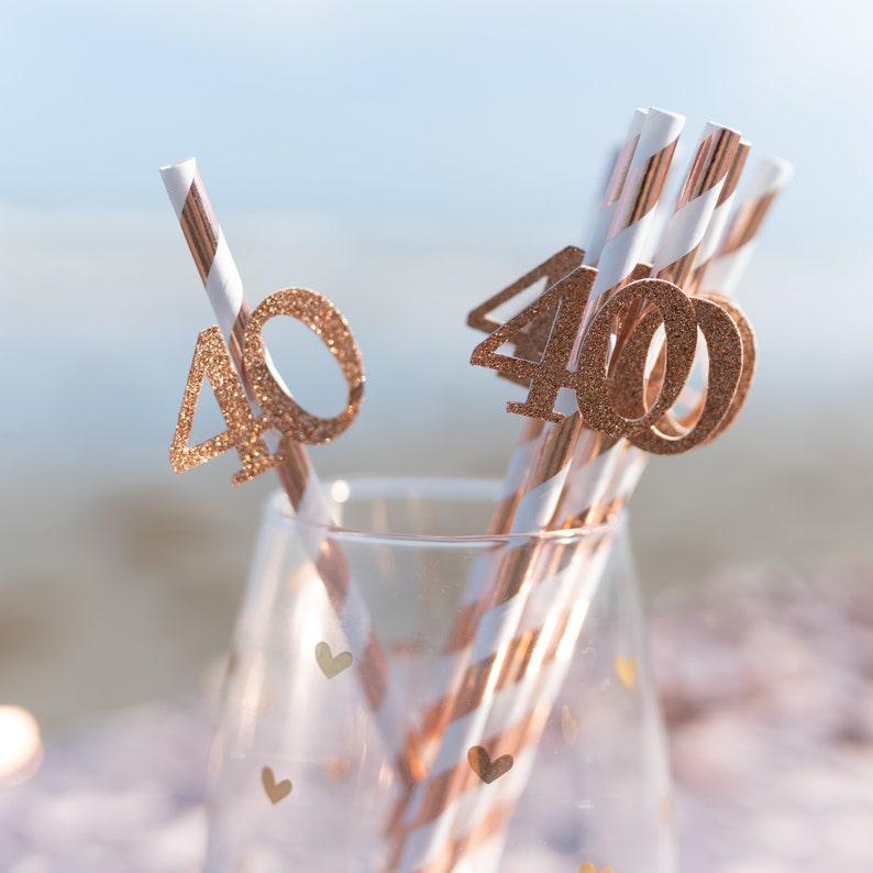 Rose Happy 40th Birthday Straw Decor, Rose Gold Glitter 24pcs Number 40 Party Drinking Decorative Straws - Decotree.co Online Shop