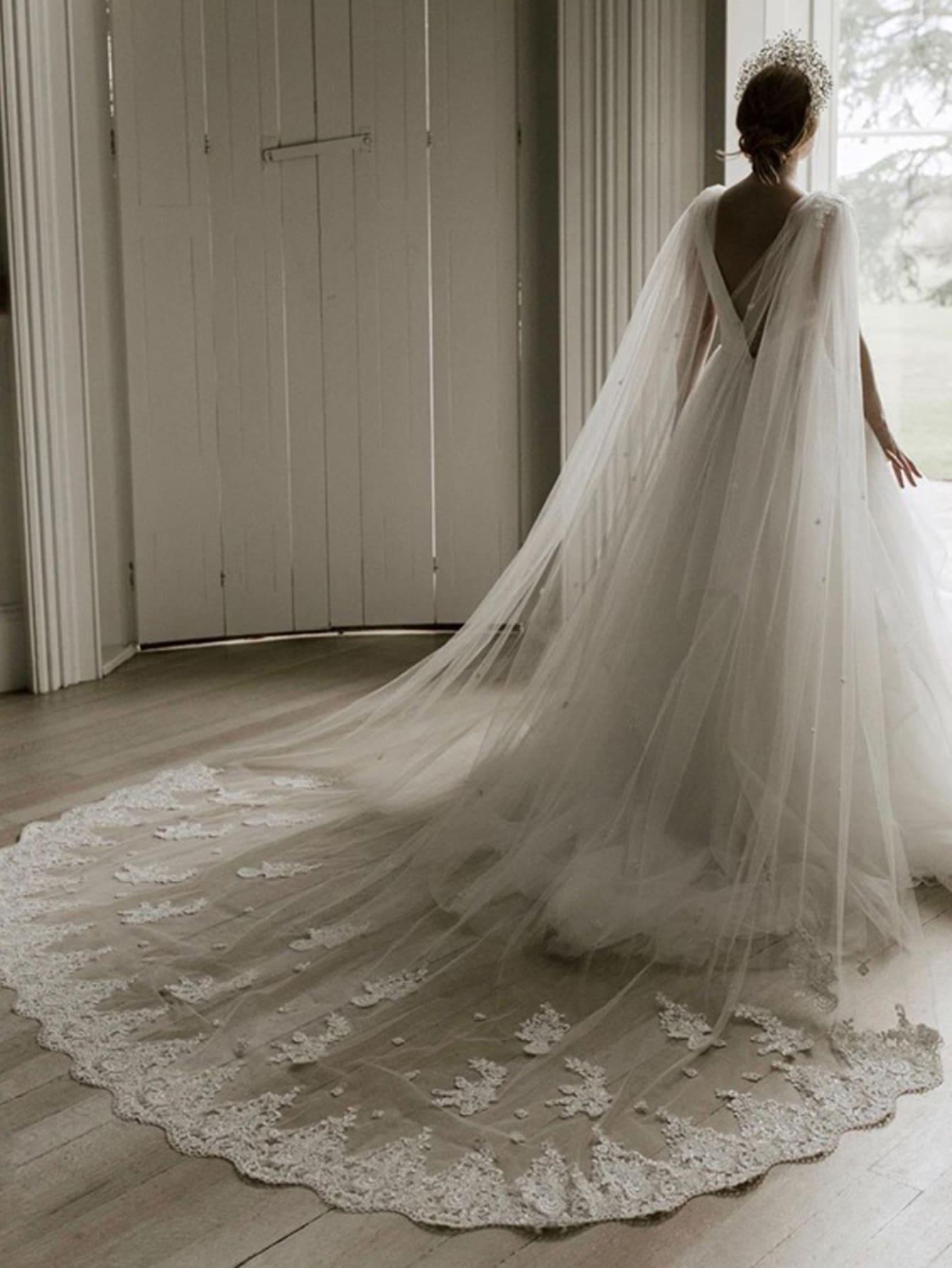 1pc Women Floral Embroidered Faux Pearl Decor Elegant Bridal Veil For Wedding Party - Decotree.co Online Shop