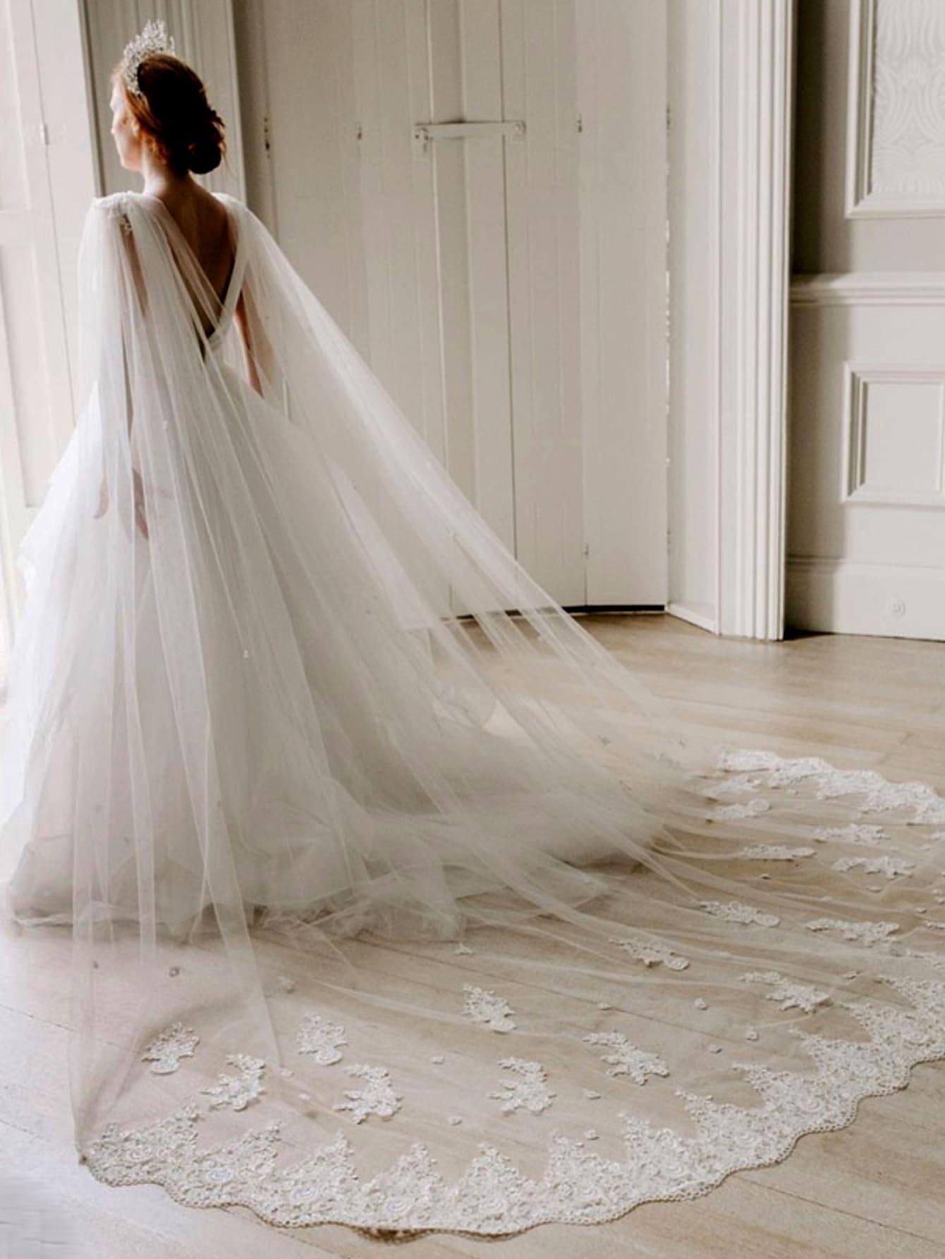 1pc Women Floral Embroidered Faux Pearl Decor Elegant Bridal Veil For Wedding Party - Decotree.co Online Shop