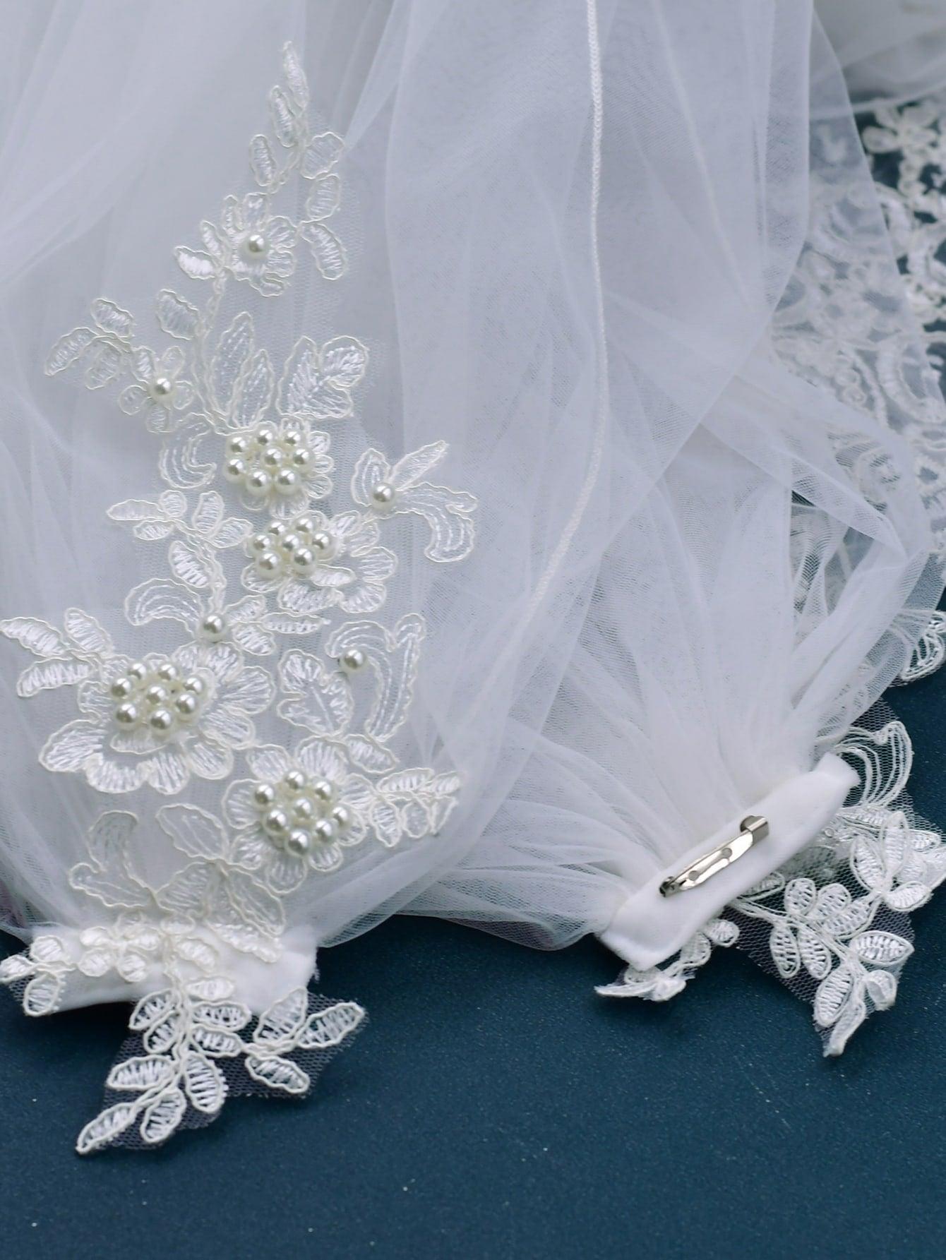1pc Women Floral Embroidered Faux Pearl Decor Elegant Bridal Veil For Wedding Party - Decotree.co Online Shop