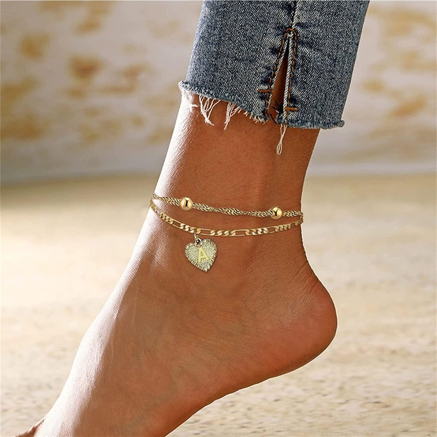 1PCS Heart Initial Ankle Bracelets for Women Gold 26 Letters Love Anklet Women's Foot Chain Heart-Shaped Double-Layer Anklet Bracelets for Women - Decotree.co Online Shop