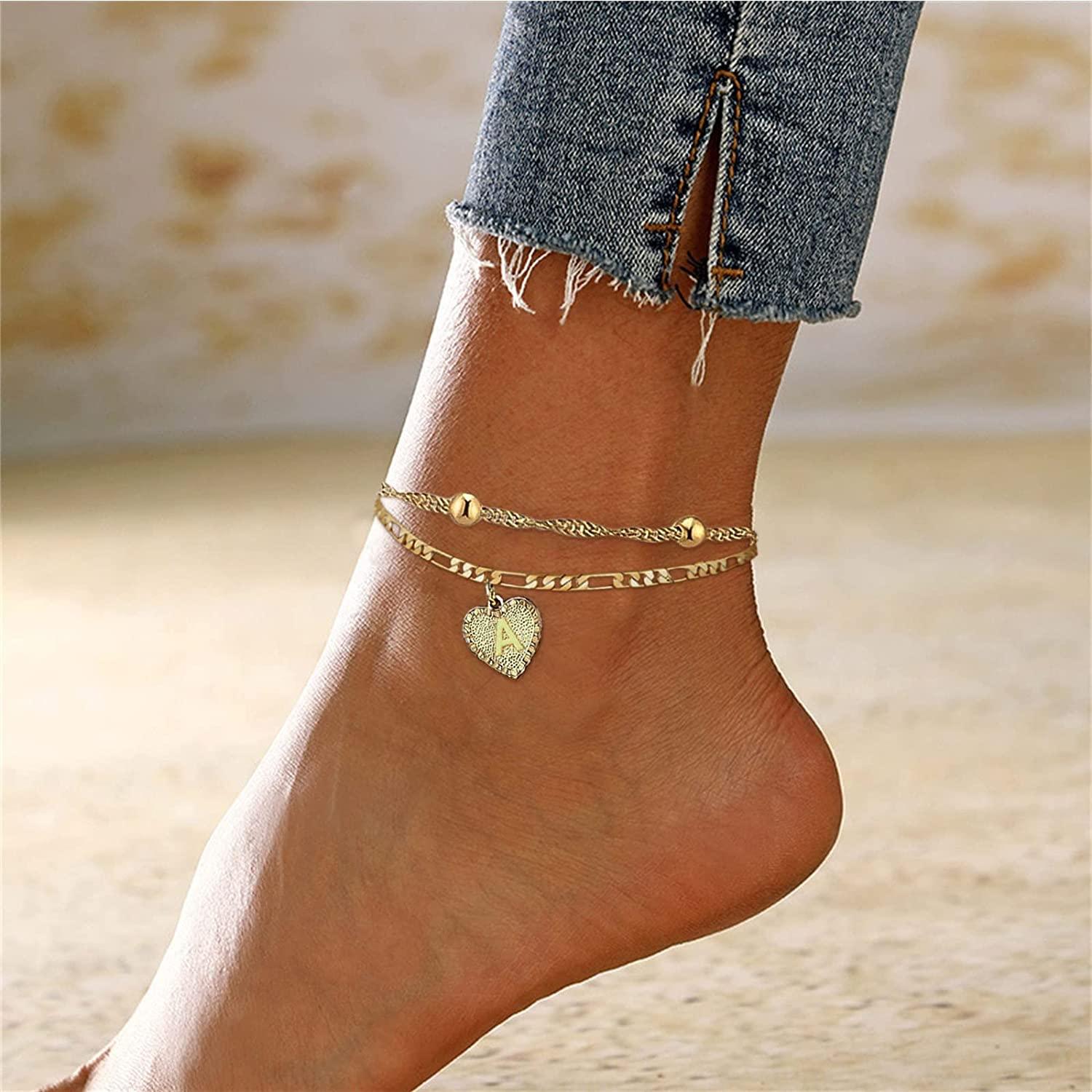 1PCS Heart Initial Ankle Bracelets for Women Gold 26 Letters Love Anklet Women's Foot Chain Heart-Shaped Double-Layer Anklet Bracelets for Women - Decotree.co Online Shop
