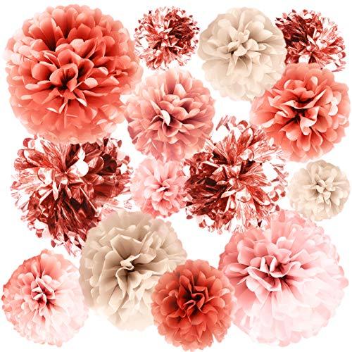 20 PCS Rose Gold Party Decorations - Metallic Foil and Tissue Paper Pom Poms - Birthday Party Decoration - Baby Shower - Bridal Shower - Bachelorette - 14", 10", 8", 6" - Decotree.co Online Shop