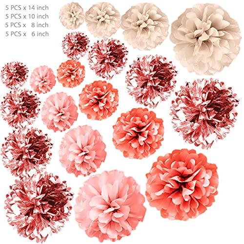 20 PCS Rose Gold Party Decorations - Metallic Foil and Tissue Paper Pom Poms - Birthday Party Decoration - Baby Shower - Bridal Shower - Bachelorette - 14", 10", 8", 6" - Decotree.co Online Shop