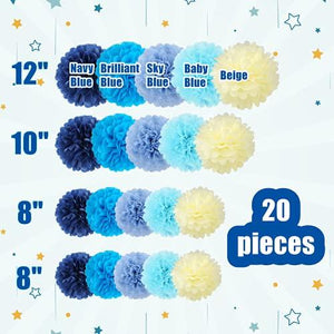20 Pcs Tissue Pom Poms Kit, Tissue Paper Flowers for Birthday, Boy Baby Shower, Nursery, Graduation, Bachelorette Party Decoration (Blue Mix) - Decotree.co Online Shop