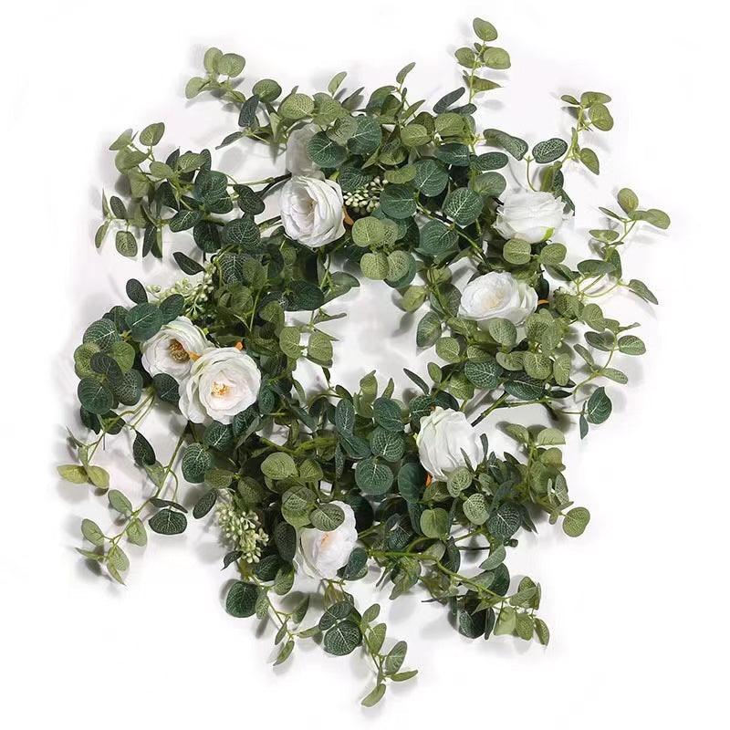 Artificial Eucalyptus Garland with White Rose 6.6 Feet Artificial Floral Vines for Wedding Decorations Indoor Outdoor Backdrop Wall Décor Table Runner - Decotree.co Online Shop