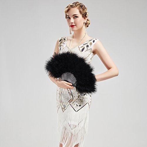 20s Vintage Style Folding Handheld Flapper Marabou Feather Hand Fan for Costume Halloween Dancing Party Tea Party Variety Show - Decotree.co Online Shop
