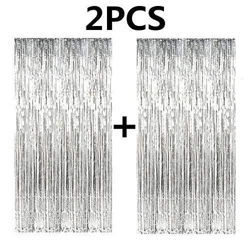 2pcs 3ft x 8.3ft Silver Metallic Tinsel Foil Fringe Curtains Photo Booth Props for Birthday Wedding - Decotree.co Online Shop