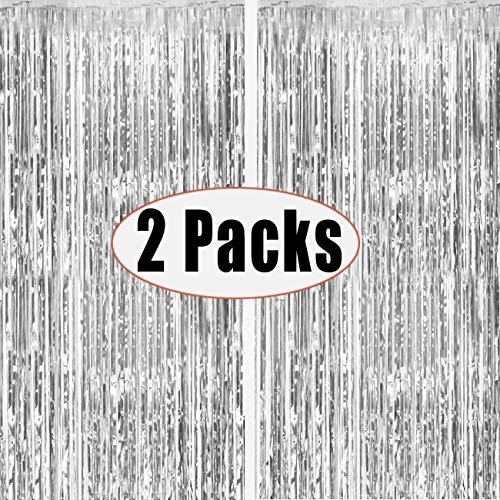 2pcs 3ft x 8.3ft Silver Metallic Tinsel Foil Fringe Curtains Photo Booth Props for Birthday Wedding - Decotree.co Online Shop