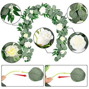 2pcs Artificial Eucalyptus Garland with Flowers Greenery Garland Willow Vines White Rose Garland - Decotree.co Online Shop
