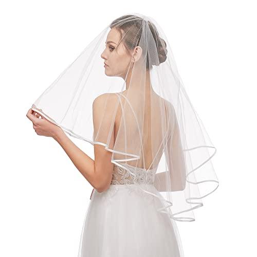 Bridal Veil Women's Simple Tulle Short Wedding Veil Satin Edge With Comb for Wedding Bachelorette Party (Off White) - Decotree.co Online Shop