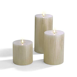 Flameless Pillar Candle Set - 3D Flickering Flame with Wick, 4 Inch Diameter, Battery Operated, Shimmering Light Gold Wax - 3 Pack - Decotree.co Online Shop
