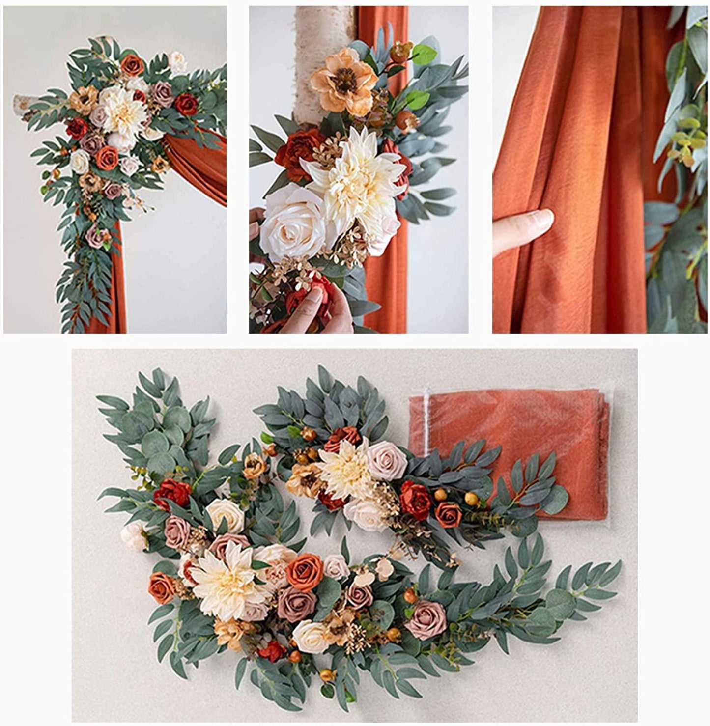 3pcs Wedding Arch Flowers Kit Artificial Wedding Flowers Garland with Sheer Fabric Drape - Decotree.co Online Shop