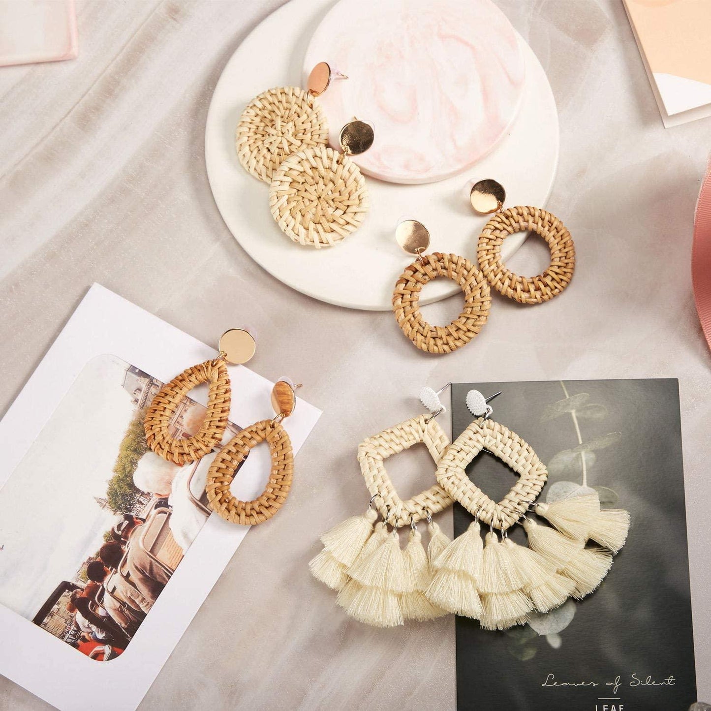 4 Pairs Rattan Earrings Lightweight Geometric Tassel Woven Bohemian Earrings Handmade - Decotree.co Online Shop