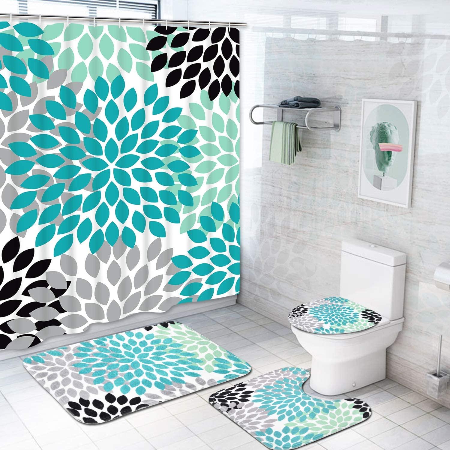 4 Piece Colorful Flower Shower Curtain Set with Non-Slip Rug, Toilet Lid Cover, Bath Mat and 12 Hooks, Floral Lotus Waterproof Shower Curtain Set for Bathroom - Decotree.co Online Shop