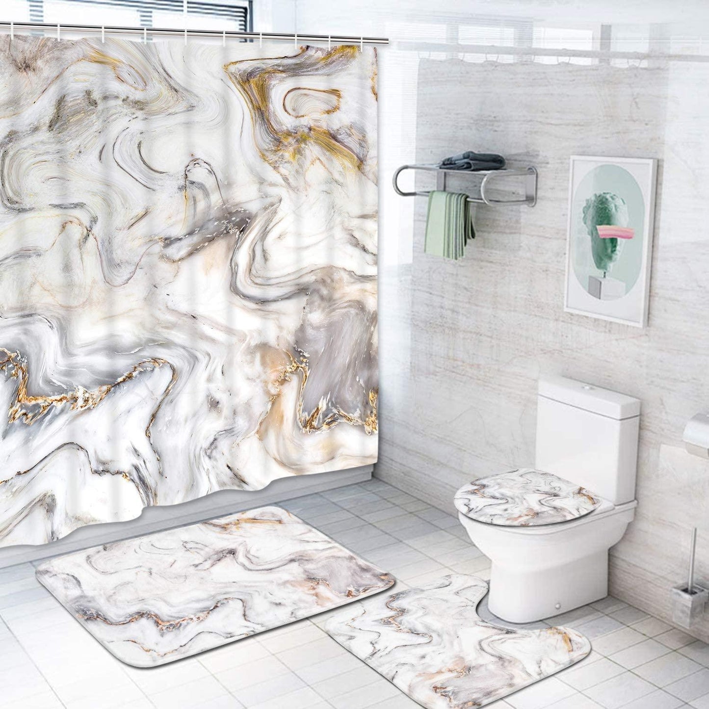 4 Piece Colorful Flower Shower Curtain Set with Non-Slip Rug, Toilet Lid Cover, Bath Mat and 12 Hooks, Floral Lotus Waterproof Shower Curtain Set for Bathroom - Decotree.co Online Shop