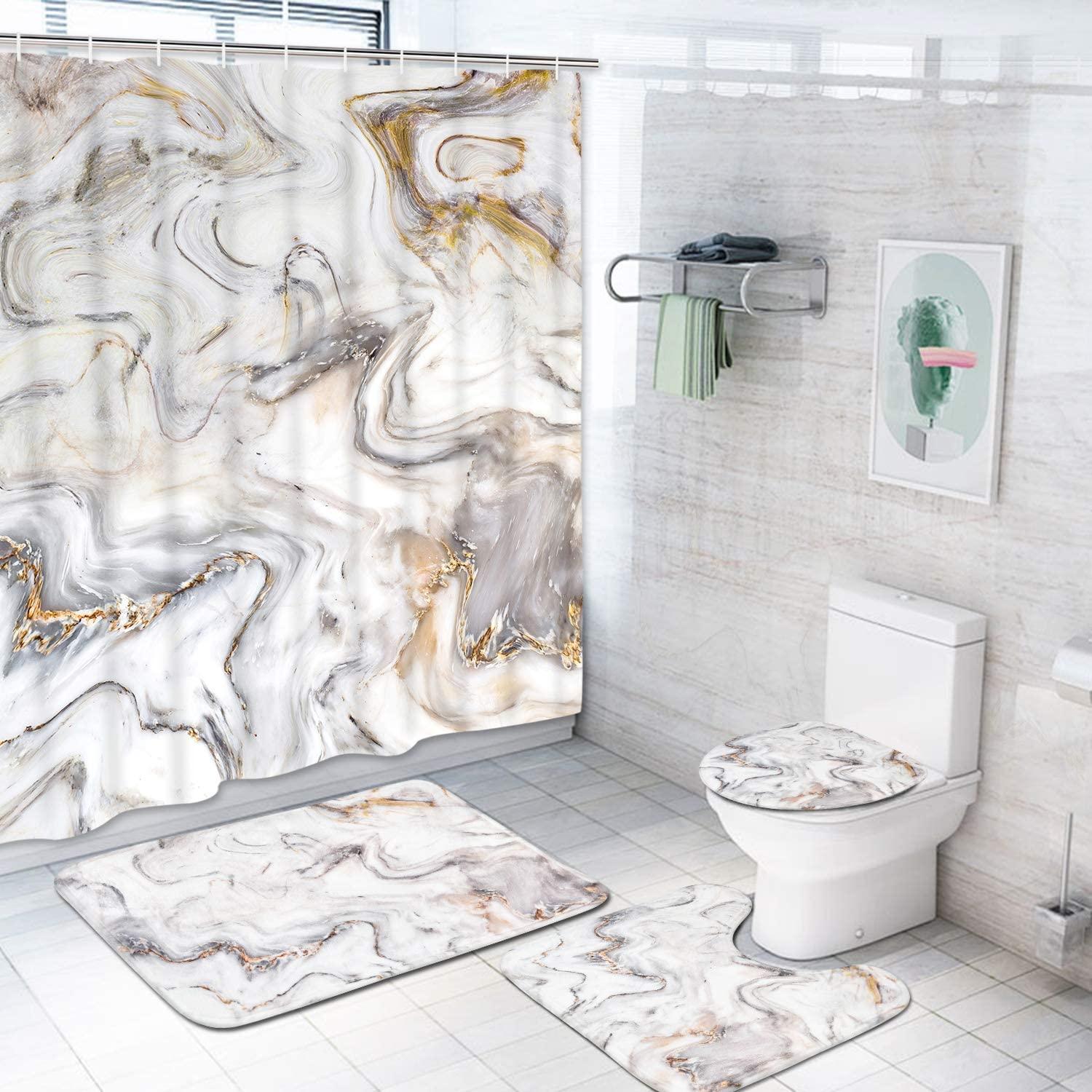 4 Piece Colorful Flower Shower Curtain Set with Non-Slip Rug, Toilet Lid Cover, Bath Mat and 12 Hooks, Floral Lotus Waterproof Shower Curtain Set for Bathroom - Decotree.co Online Shop
