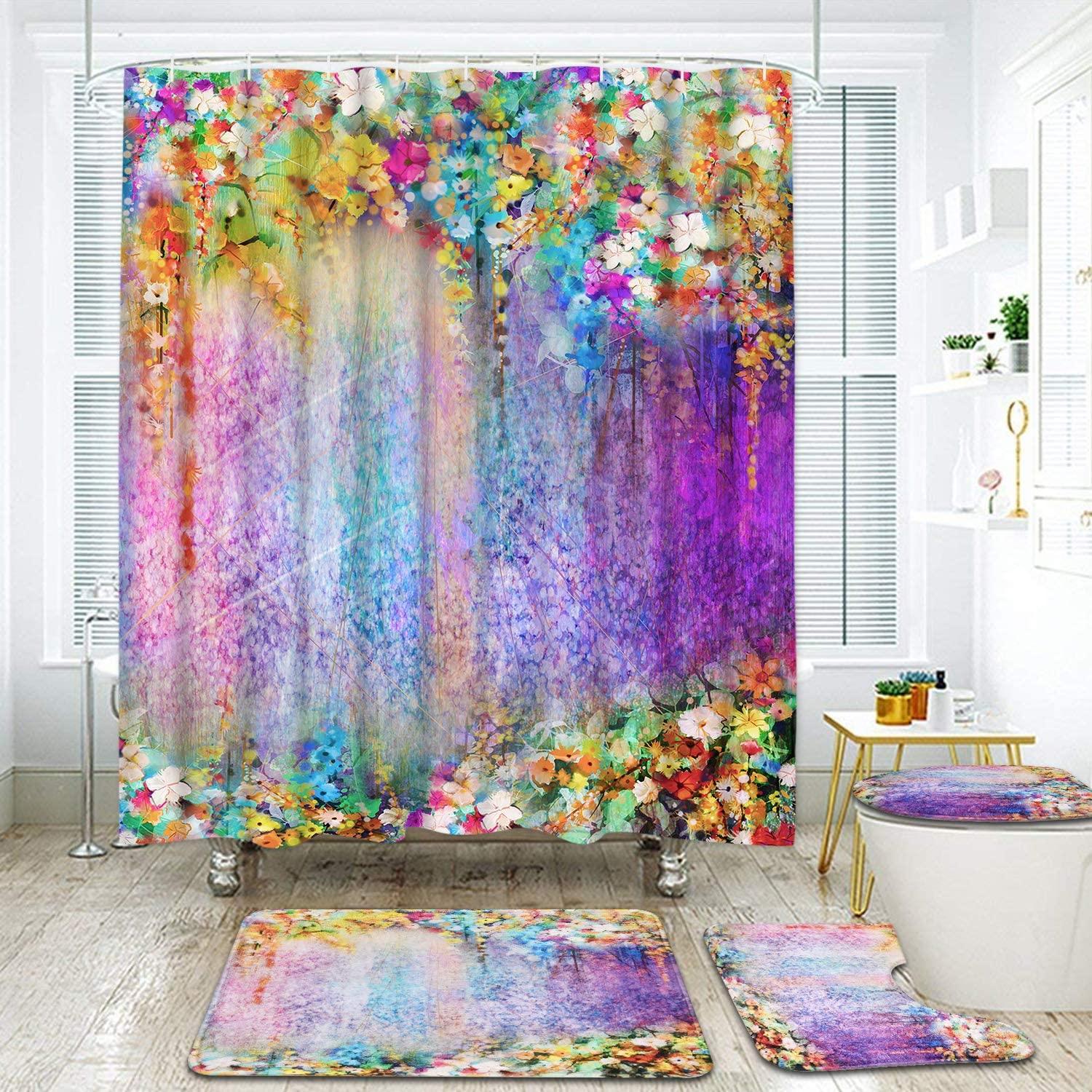 4 Piece Colorful Flower Shower Curtain Set with Non-Slip Rug, Toilet Lid Cover, Bath Mat and 12 Hooks, Floral Lotus Waterproof Shower Curtain Set for Bathroom - Decotree.co Online Shop