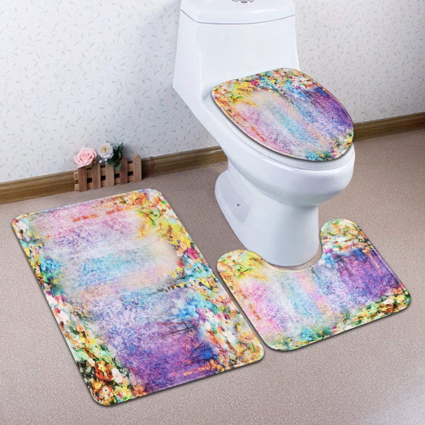4 Piece Colorful Flower Shower Curtain Set with Non-Slip Rug, Toilet Lid Cover, Bath Mat and 12 Hooks, Floral Lotus Waterproof Shower Curtain Set for Bathroom - Decotree.co Online Shop