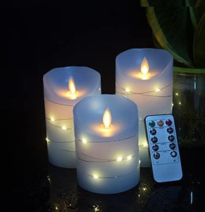 Blue flameless Candle with Embedded Light String, 3 LED Candles, 10-Key Remote Control, 24-Hour Timer Function - Decotree.co Online Shop