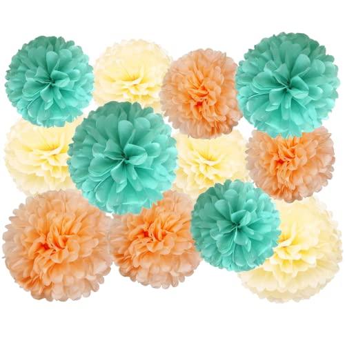 12 Pcs Tissue Pom Poms Decorations, Tissue Paper Flowers Kit for Birthday, Baby Shower, Classroom, Nursery, Graduation, Bridal Shower, Bachelorette Party (Mint Green, Peach, Beige Mixed) - Decotree.co Online Shop
