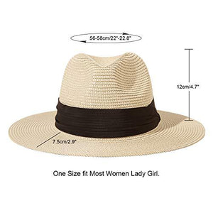 Women Wide Brim Straw Panama Roll up Hat Fedora Beach Sun Hat UPF50+ - Decotree.co Online Shop