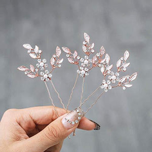 Leaf Bride Wedding Hair Pins Crystal Bridal Head Dress Pearl Hair Accessories for Women and Girls (Pack of 3) (Rose Gold) - Decotree.co Online Shop