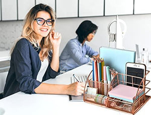 Rose Gold Desk Organizer for Women, Mesh Office Supplies Desk Accessories, Features 5 Compartments + 1 Mini Sliding Drawer - Decotree.co Online Shop