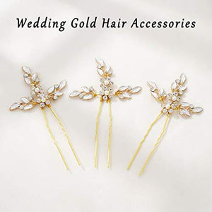 Leaf Bride Wedding Hair Pins Crystal Bridal Head Dress Pearl Hair Accessories for Women and Girls (Pack of 3) (C Gold) - Decotree.co Online Shop