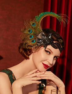 1920s Flapper Peacock Feather Headband 20s Sequined Showgirl Headpiece - Decotree.co Online Shop
