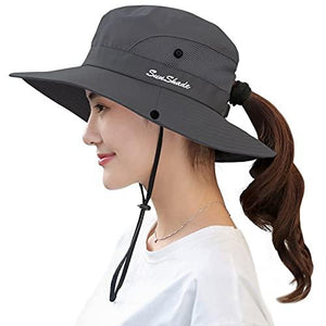 Women Ponytail Summer Sun Hat Wide Brim UV Hats Floppy Bucket Cap for Safari Beach Fishing Gardening - Decotree.co Online Shop
