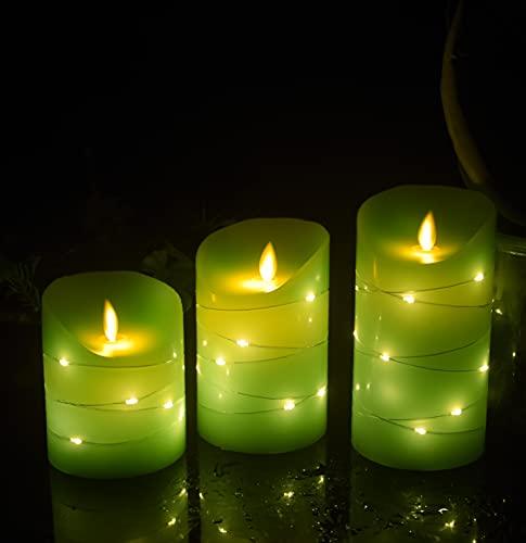 Green LED flameless Candle with Embedded Starlight String, 3 LED Candles, 10-Key Remote Control, 24-Hour Timer Function, Dancing Flame - Decotree.co Online Shop