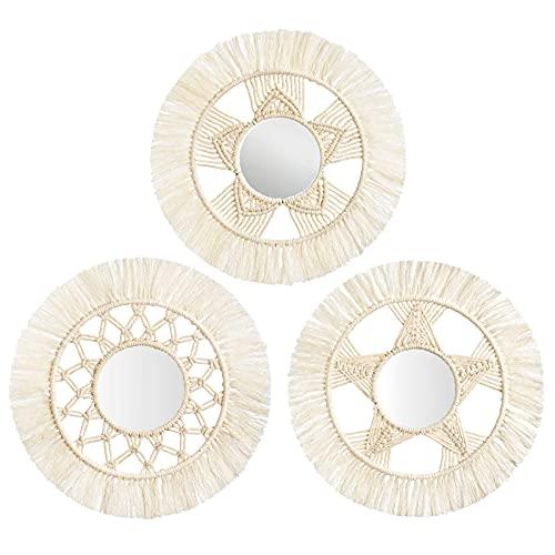 Mini Round Wall Mirror with Macrame Fringe Set of 3 Small Wall Hanging Circle Mirror - Decotree.co Online Shop