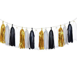 Tissue Paper Tassels Banner - Tassels Garland for Bachelorette Party, Birthday Party, Black and Gold Party Decorations 20 pcs - Decotree.co Online Shop