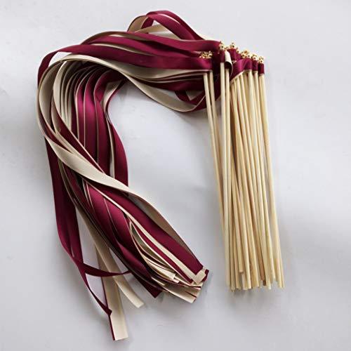 50 Pcs Wine Cream Wedding Ribbon Wands Fairy Sticks with Gold Bell for Wedding Favor Party Decoration - Decotree.co Online Shop